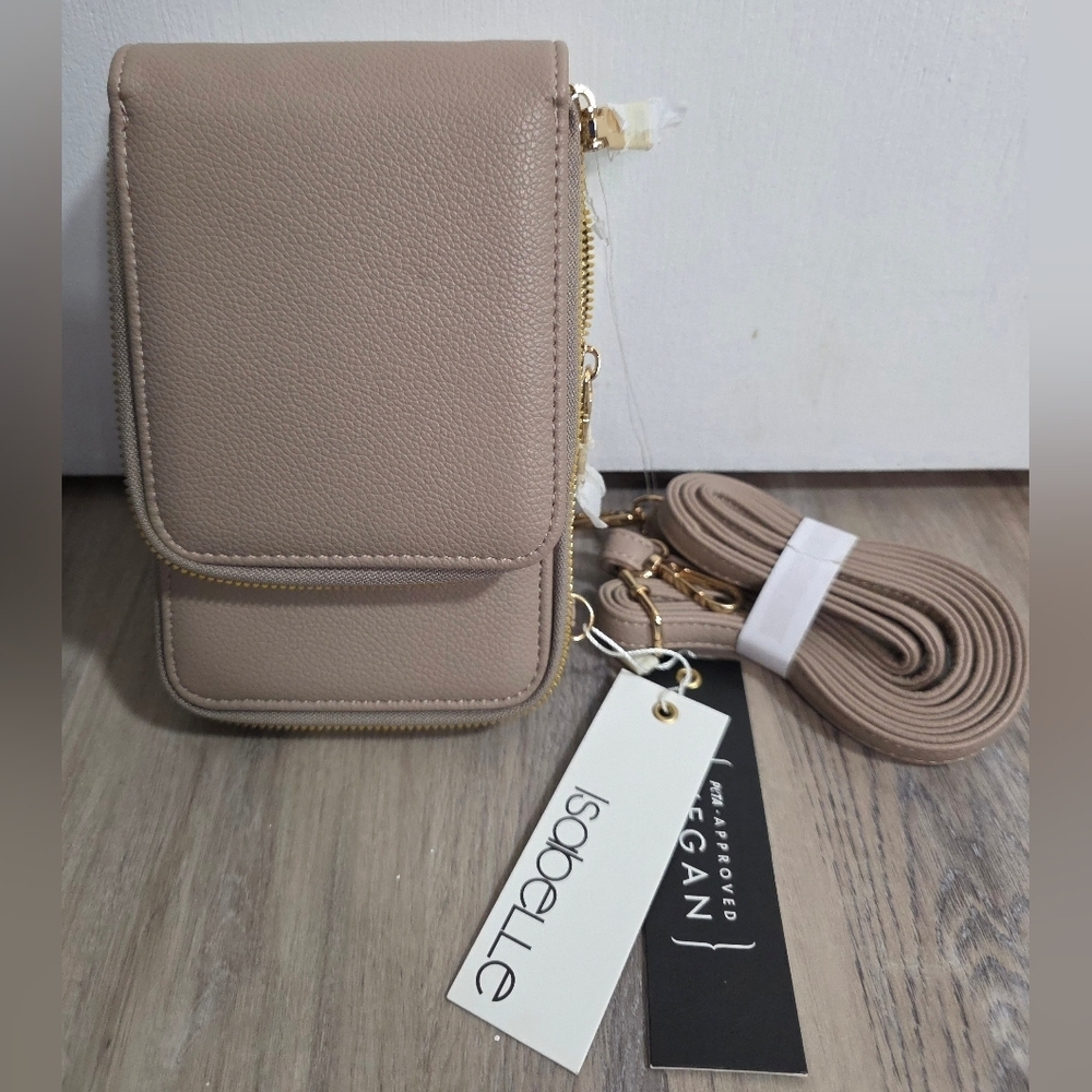 Isabelle Faux Leather Crossbody Phone Bag in Taupe